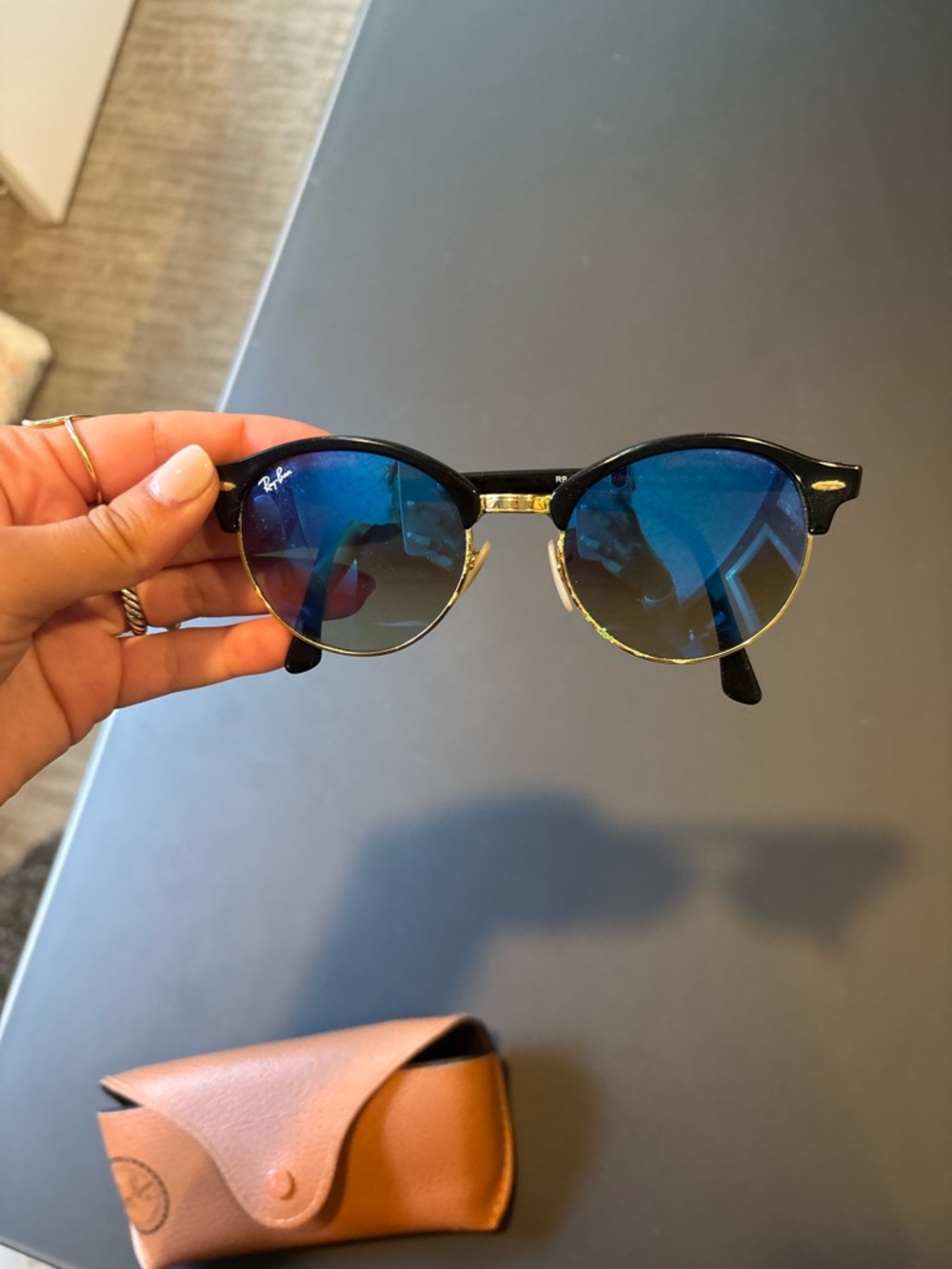 Ray-Ban Women's Black Frame Blue Mirrored Lens Sunglasses with Gold Accents